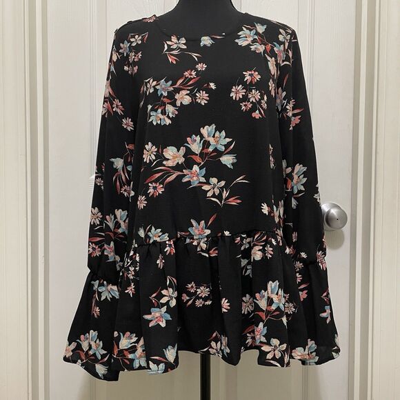 CKW Crew Knitwear Tops - CKW Crew Knitwear Boho Black Blouse Floral Ruffled Hem Flounce Sleeve Womens XL